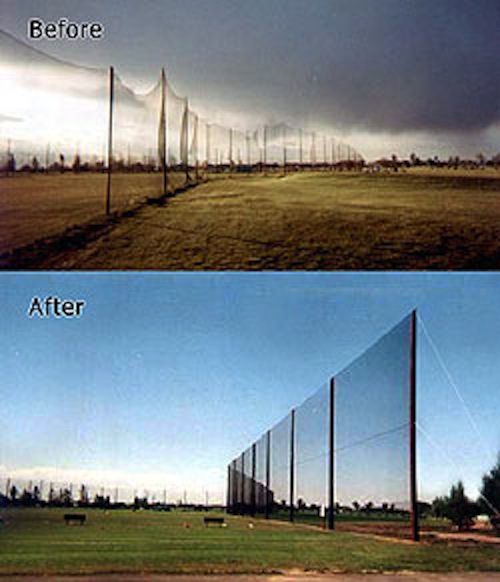 Judge Netting Barrier Specialists: Before and after pictures of a golf net showcasing the effectiveness of innovative golf course netting barriers.