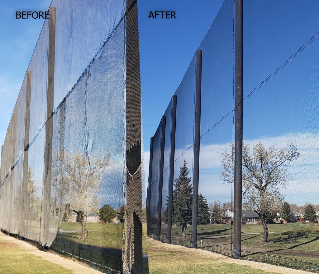 Judge Netting Barrier Specialists: A picture of a fence before and after cleaning and repair, focusing on sports field netting barrier.