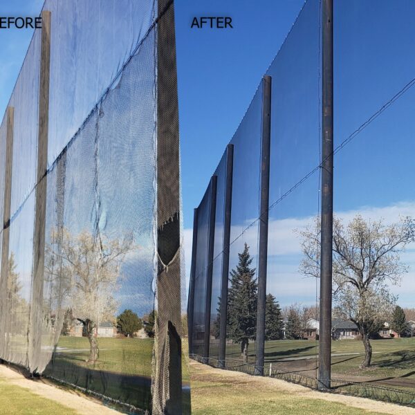 Before and after image showing the replacement of a torn mesh fence with new, intact sports netting at a park.