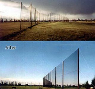 Judge Netting Barrier Specialists: Before and after pictures of a golf net showcasing the effectiveness of innovative golf course netting barriers.