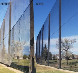 Before and after image showing the replacement of a torn mesh fence with new, intact sports netting at a park.